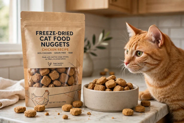 Bag of freeze-dried cat food nuggets on a kitchen counter next to a cat food bowl with an orange cat nearby