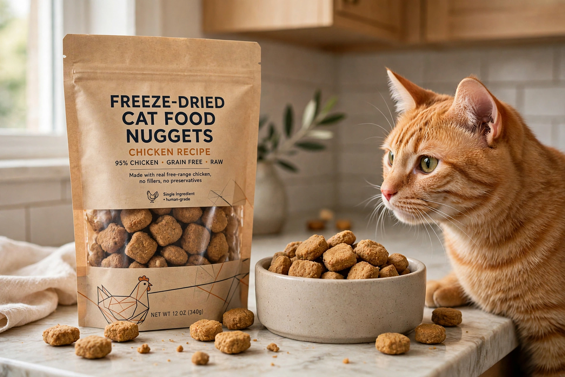 Bag of freeze-dried cat food nuggets on a kitchen counter next to a cat food bowl with an orange cat nearby