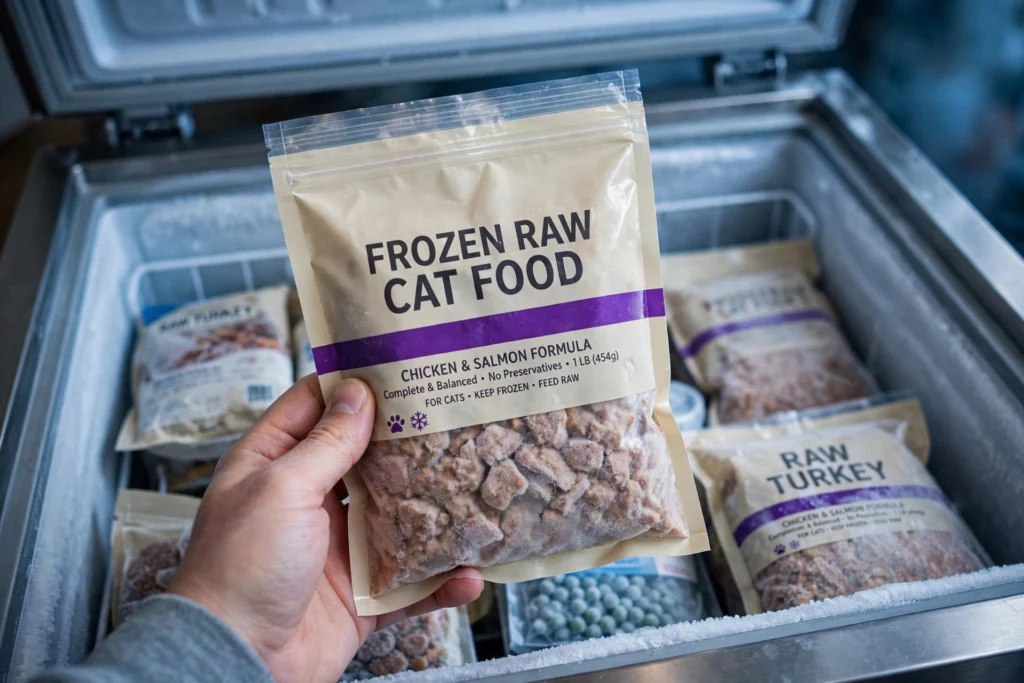 Beige zip-lock bag of frozen raw cat food with a purple stripe held in front of an open freezer