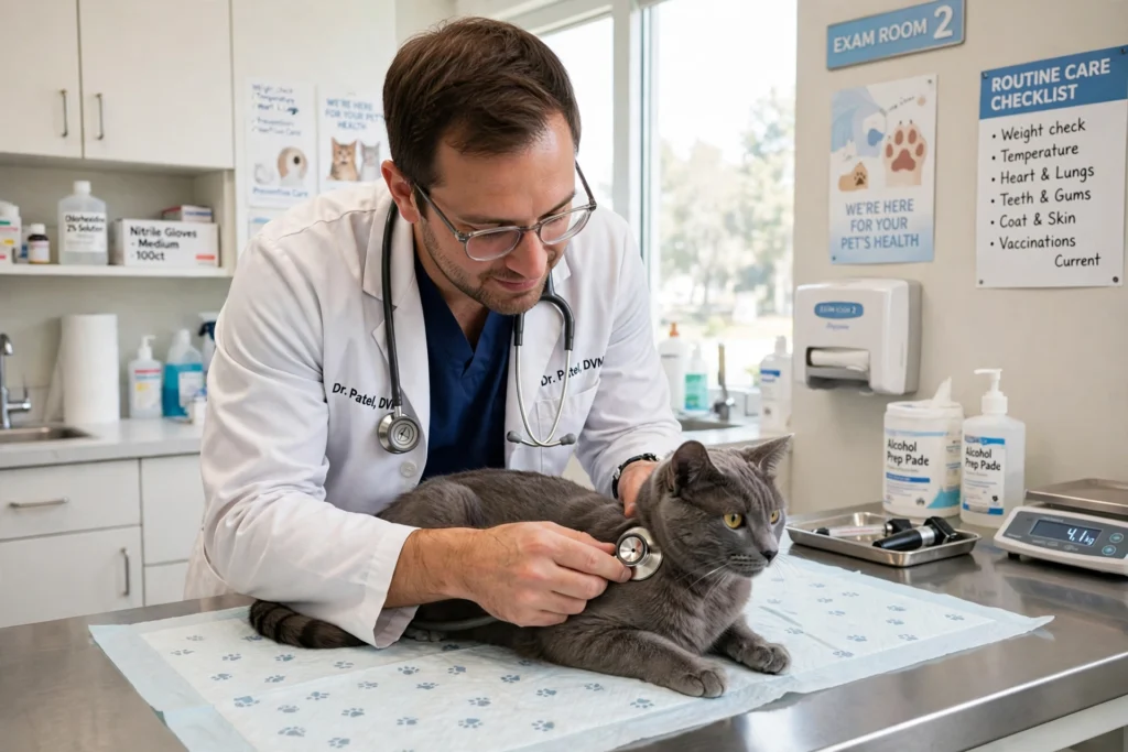 Veterinarian gently examining a grey cat on an exam table in a bright vet clinic
