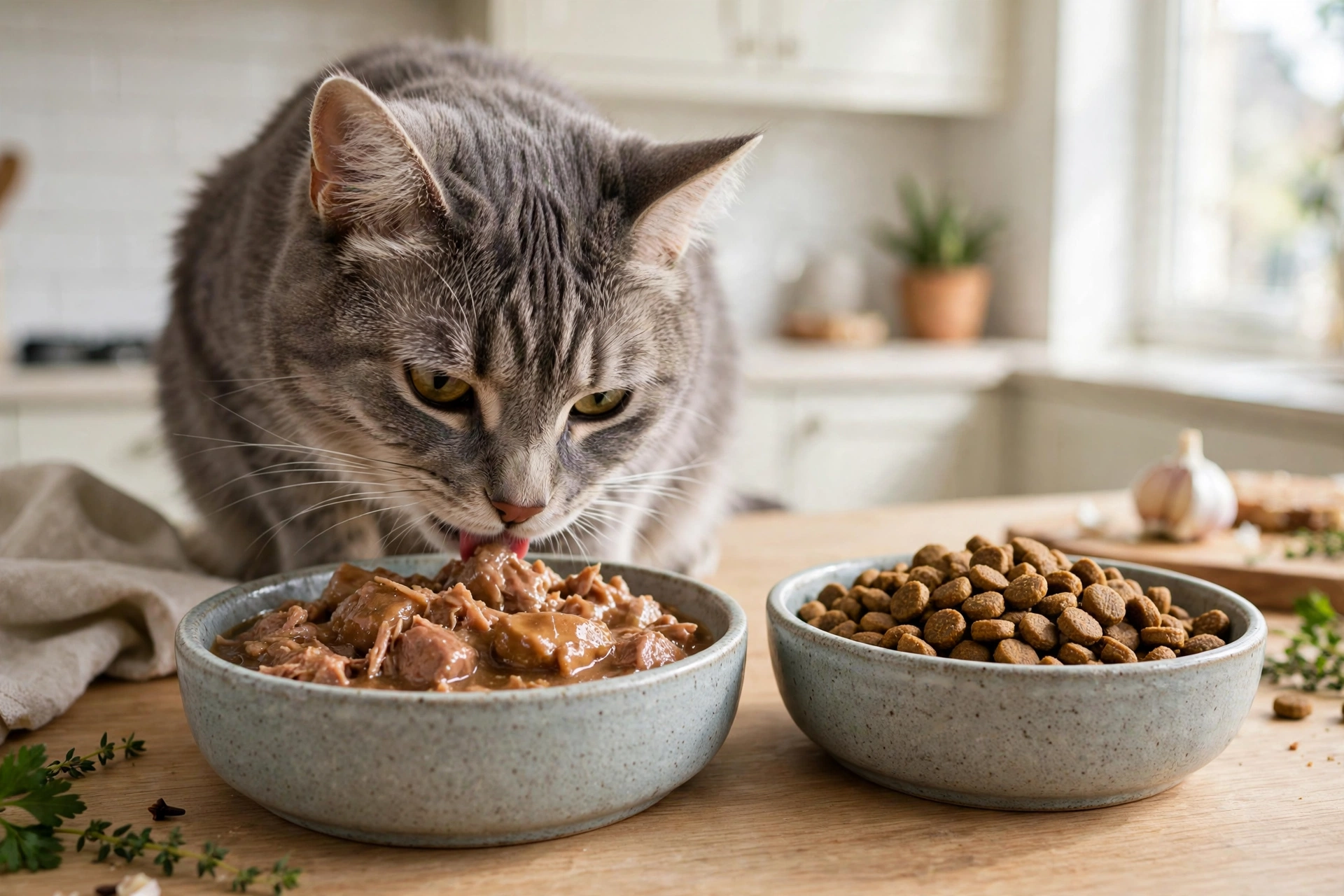 Cat eating from a food bowl