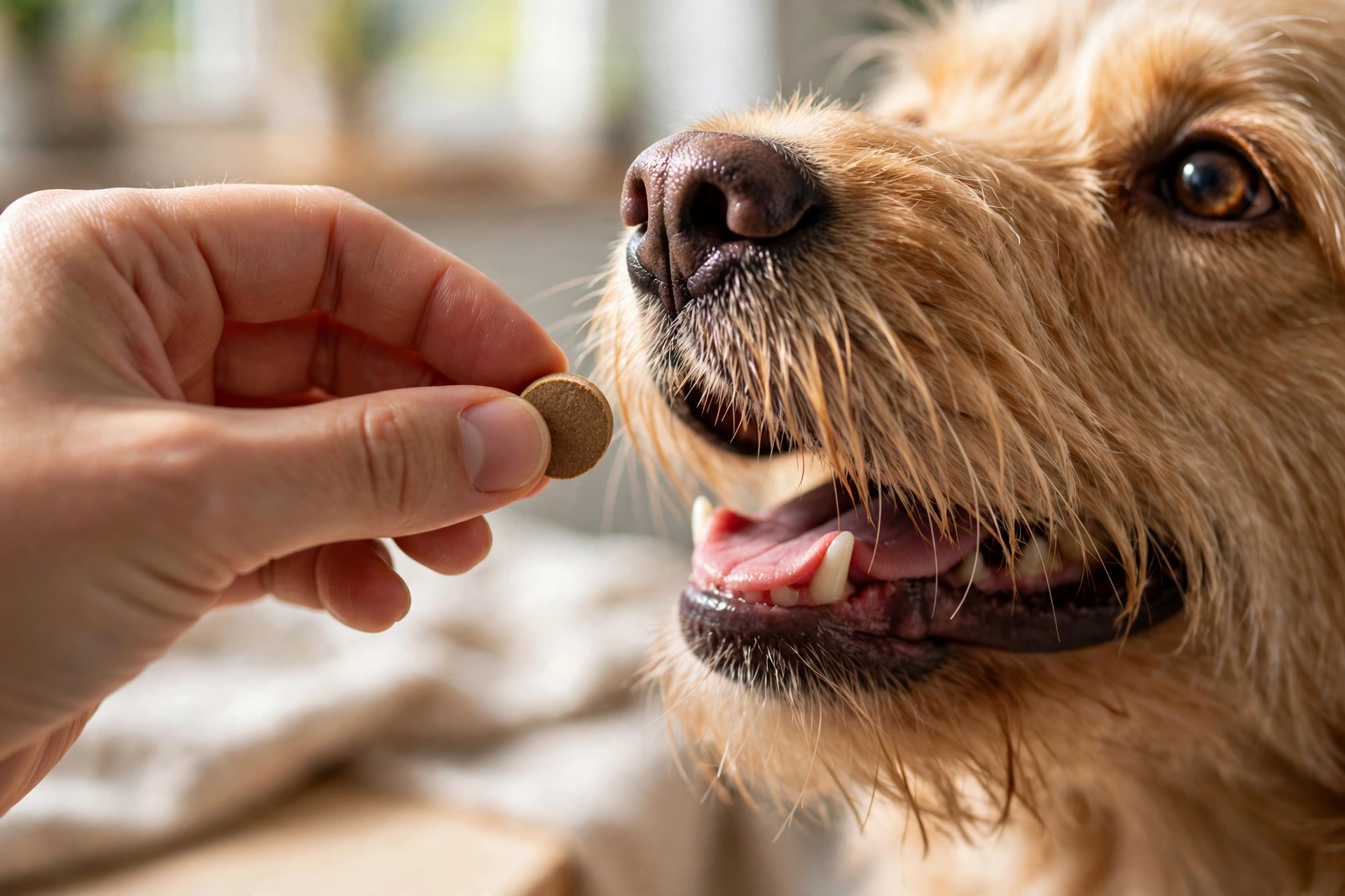Dog receiving a monthly chewable parasite prevention tablet from its owner