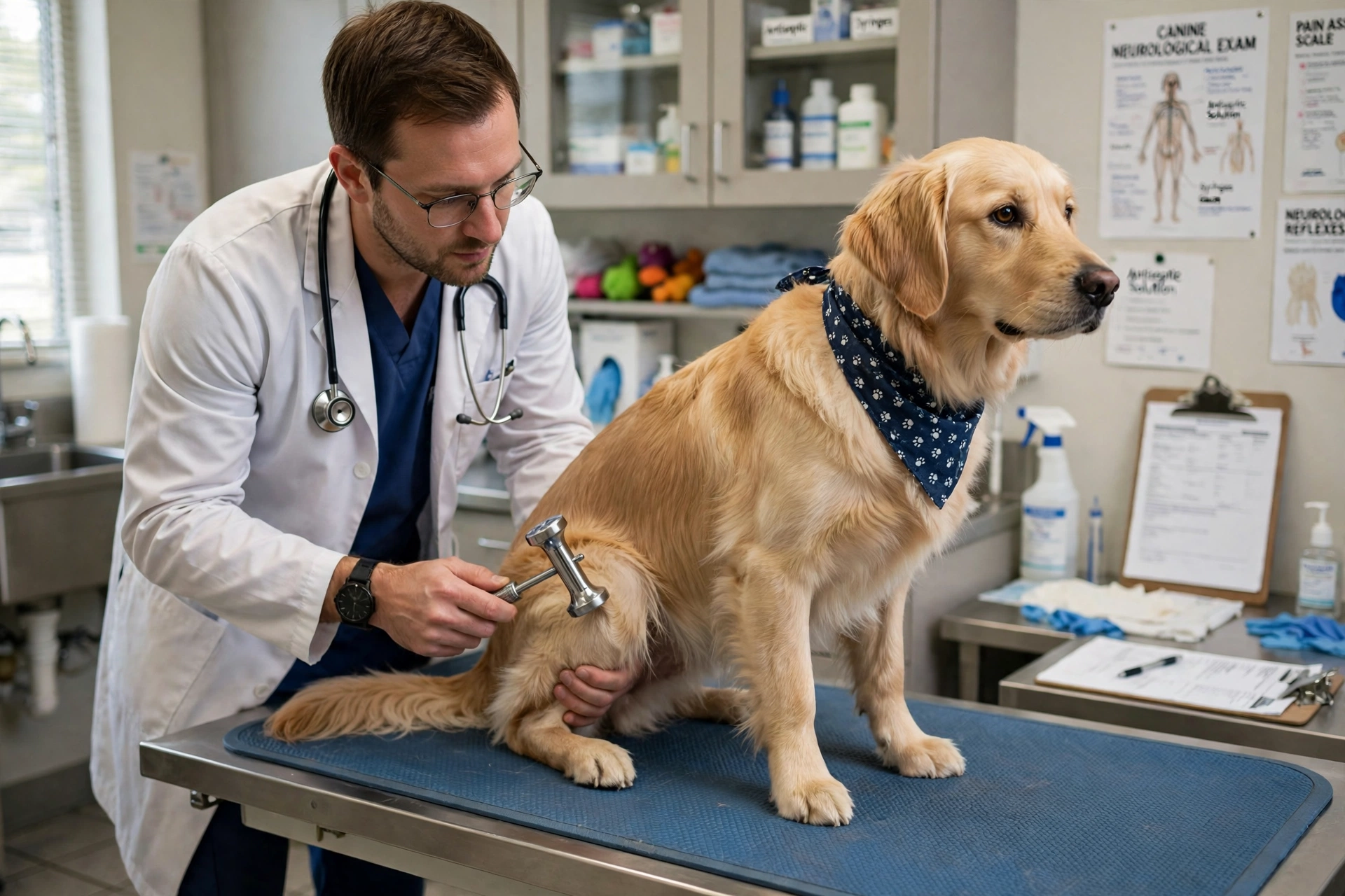 Veterinarian examining a dog for neurological symptoms during a checkup