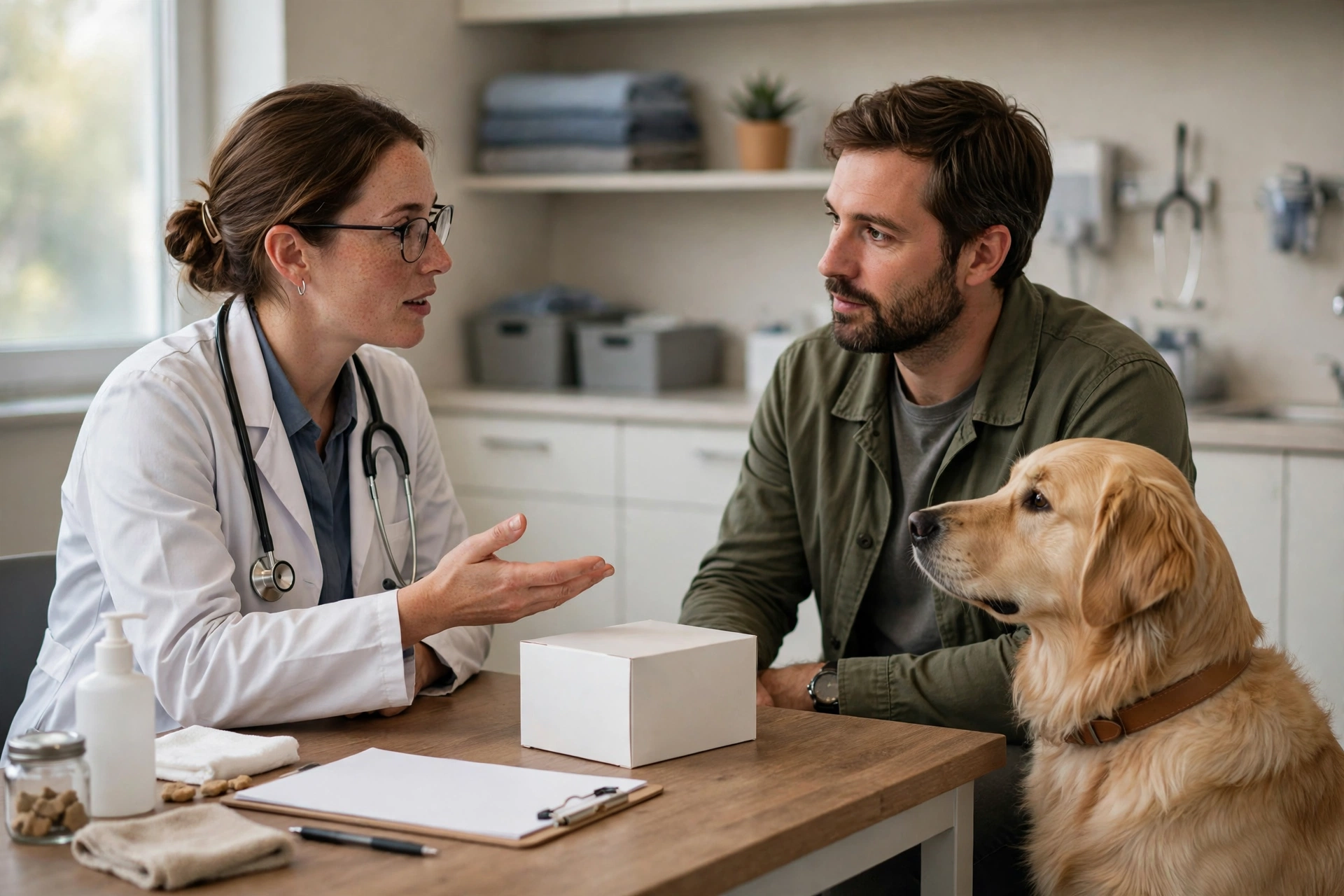 Veterinarian discussing Simparica Trio parasite medication with a dog owner