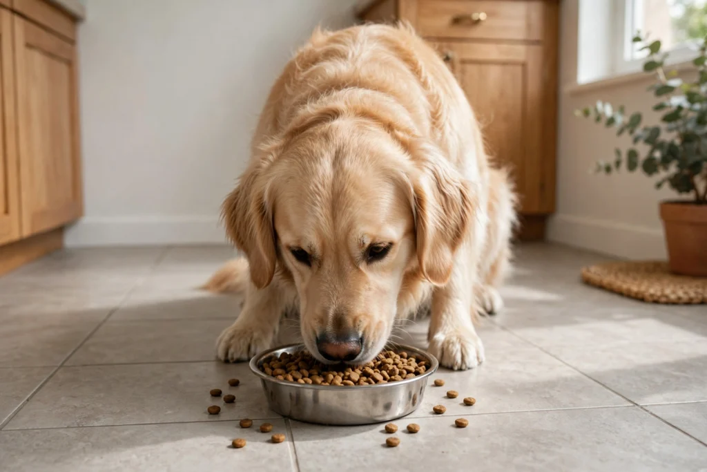Dog eating dry kibble from a bowl on a kitchen floor