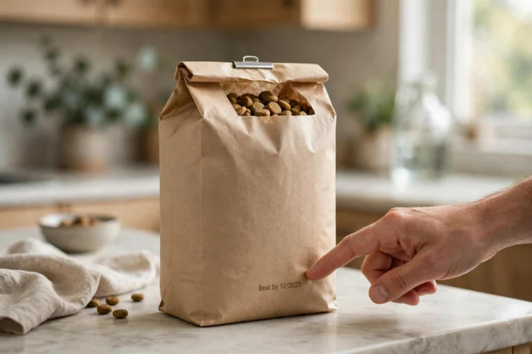 Bag of Victor Super Premium dog food on a kitchen counter with a hand checking the best-by date