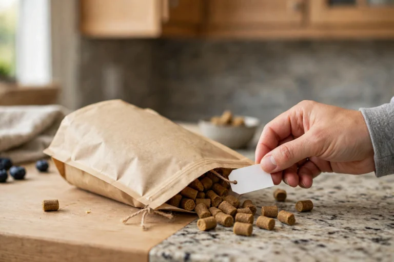Bag of Nature's Own Bully Bites dog treats on a kitchen counter with a hand checking the lot number on the bottom tag