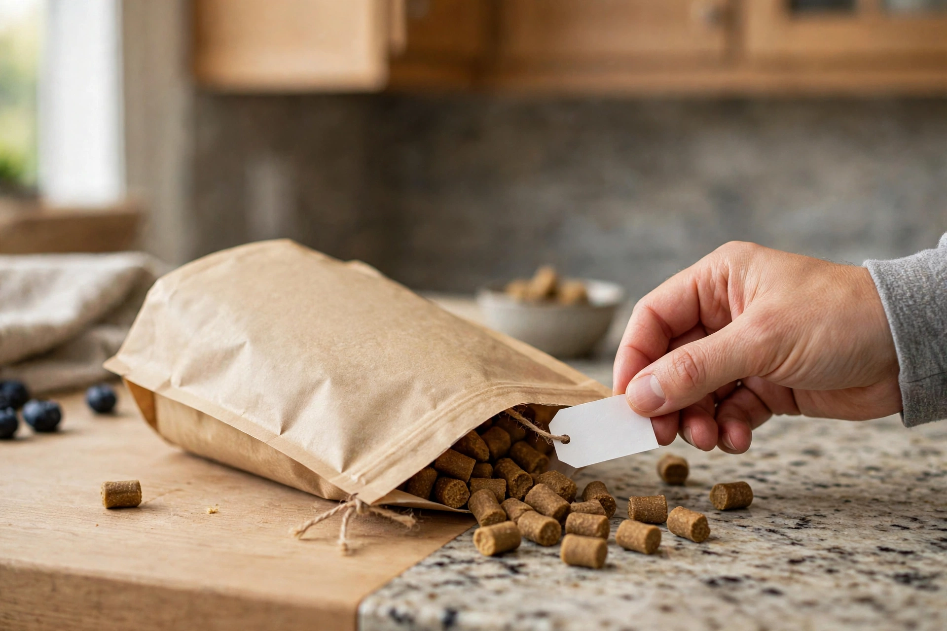 Bag of Nature's Own Bully Bites dog treats on a kitchen counter with a hand checking the lot number on the bottom tag