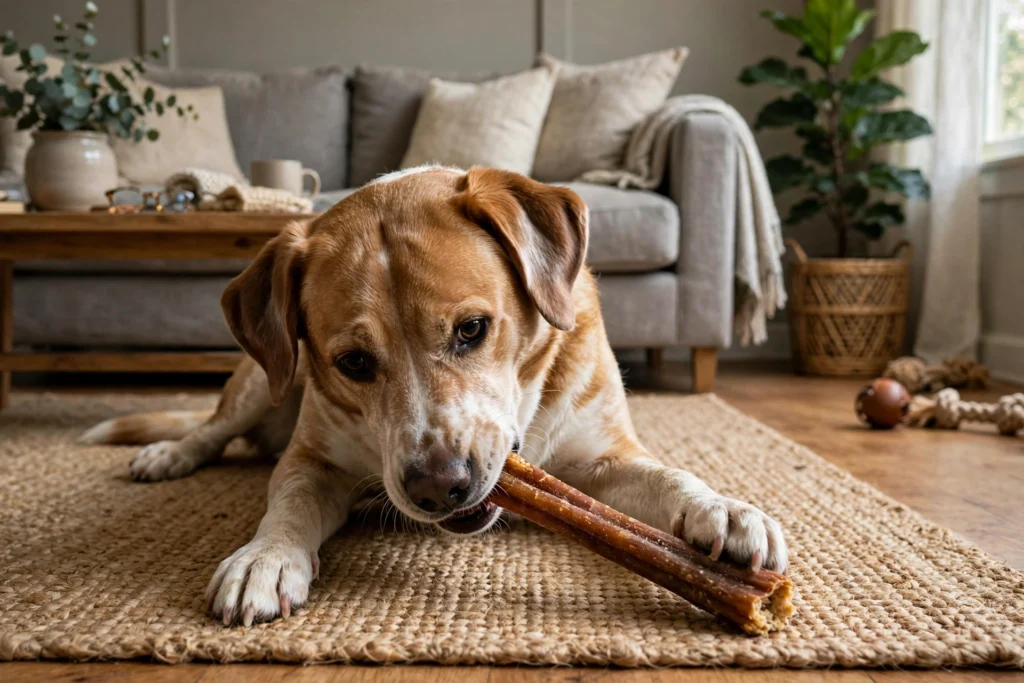 Dog chewing a bully stick treat on a living room floor